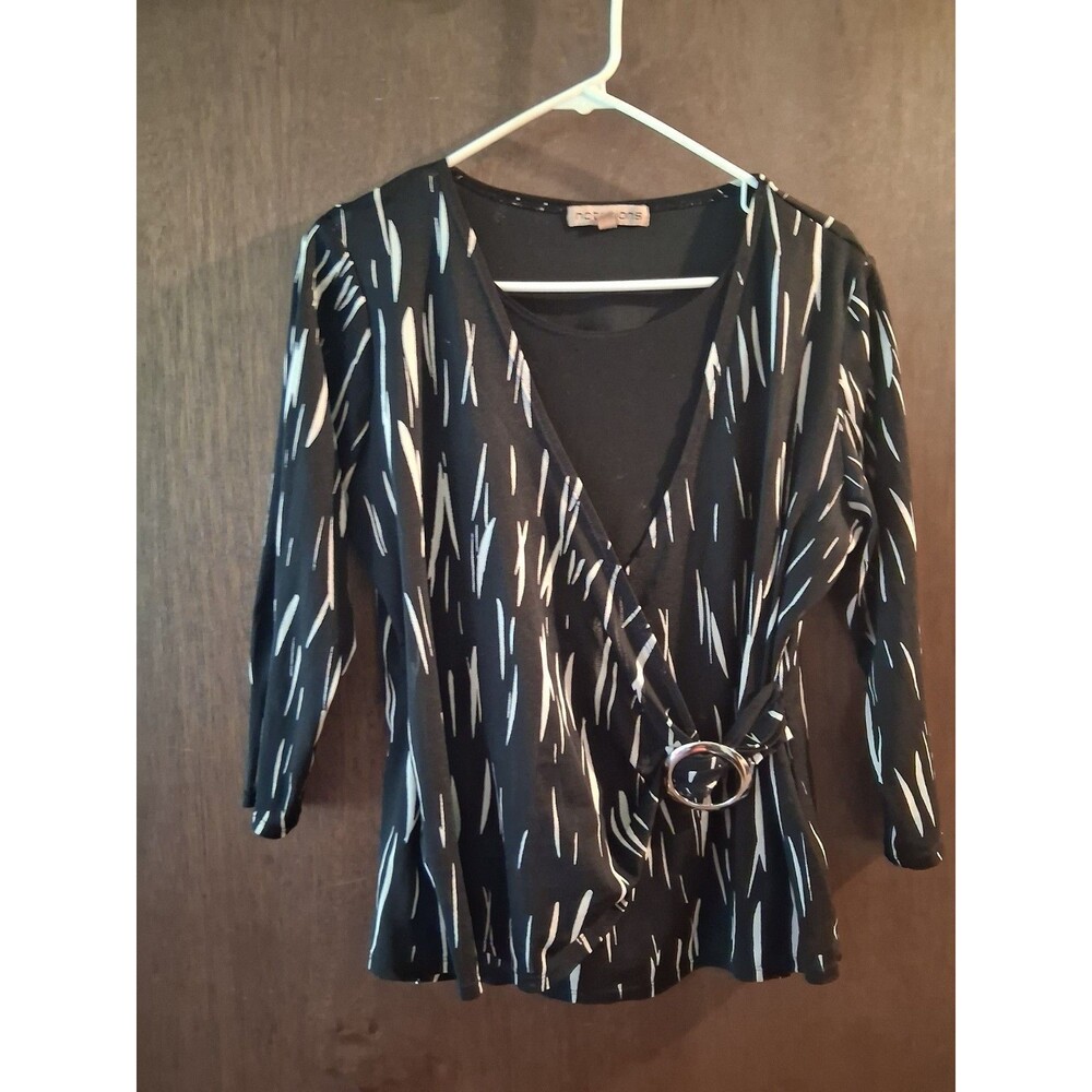 Notations Black & White Abstract Print Faux Wrap Top - Metallic Buckle Detail -